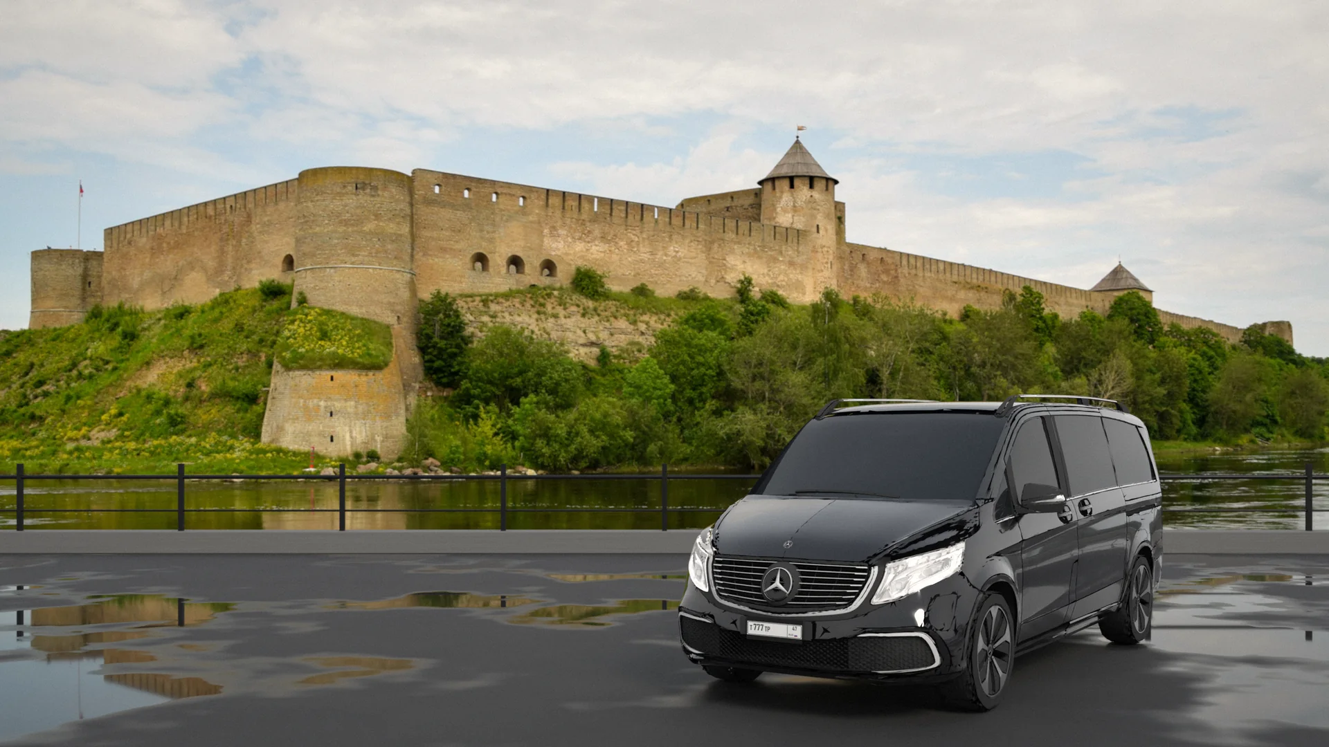 Чёрный Mercedes-Benz V-класс ZJTransfer на набережной у Ивангородской крепости, граница России и Эстонии